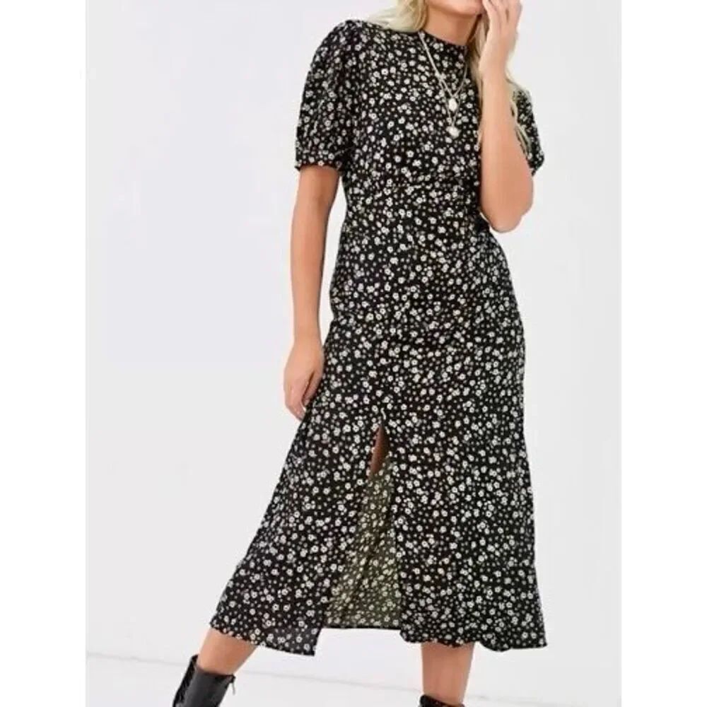 New Look Split Front Black & White Daisy Floral Midi Dress Women's Size 2 Petite